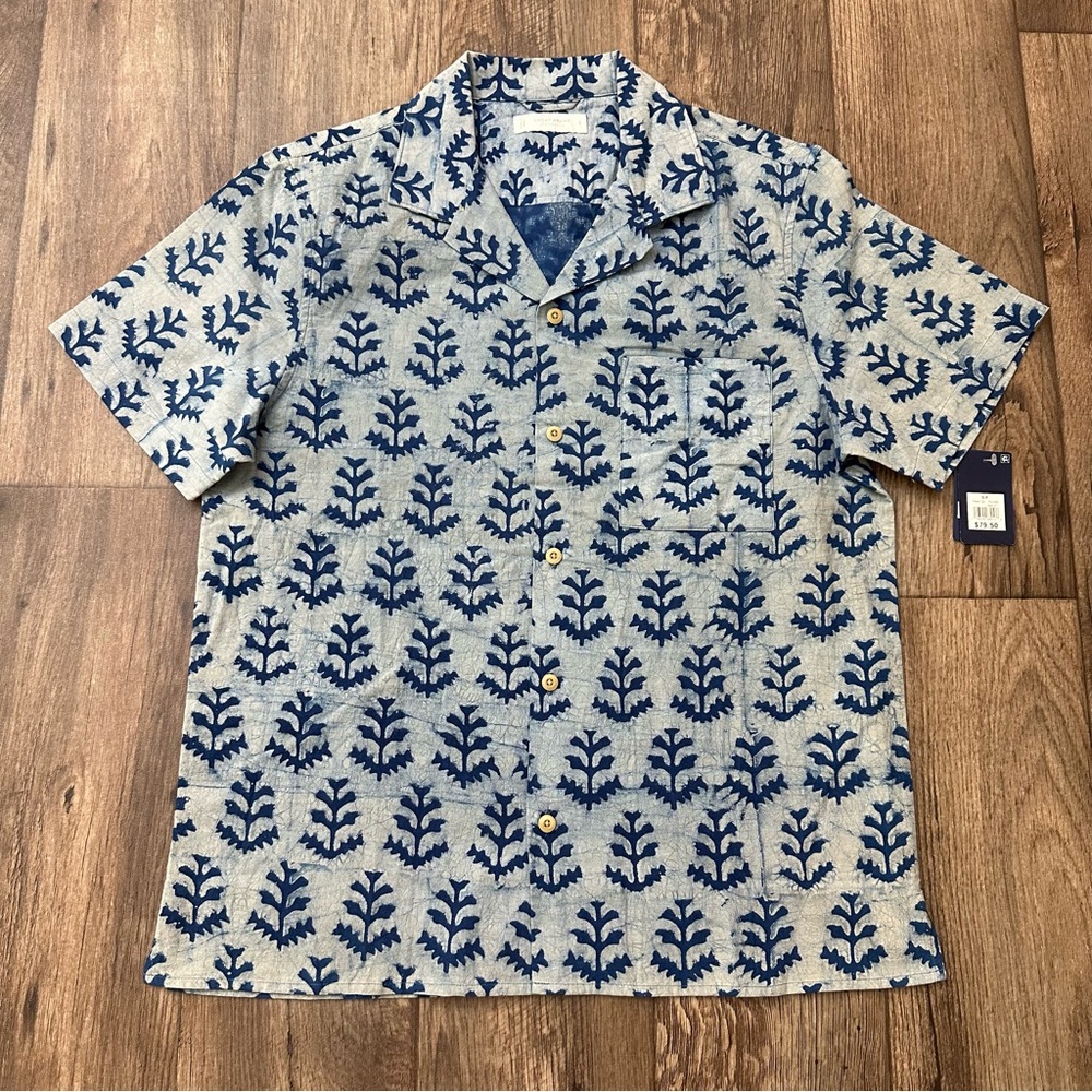 Lucky Brand Leaf Print Button Up Cotton Shirt Men’s Size S Blue Indigo